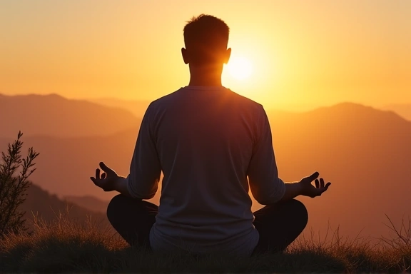 Hombre de mediana edad meditando en una postura de loto en un entorno natural al amanecer, con montañas en el fondo.