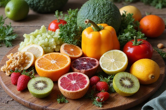Variedad de frutas, verduras y superalimentos coloridos dispuestos artísticamente en una tabla de madera, con un enfoque en la frescura y la salud.